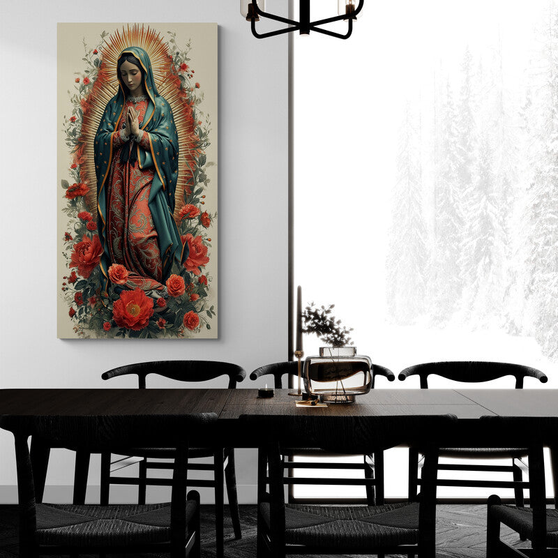 Ilustración de la Virgen María orando entre rosas rojas con halo dorado