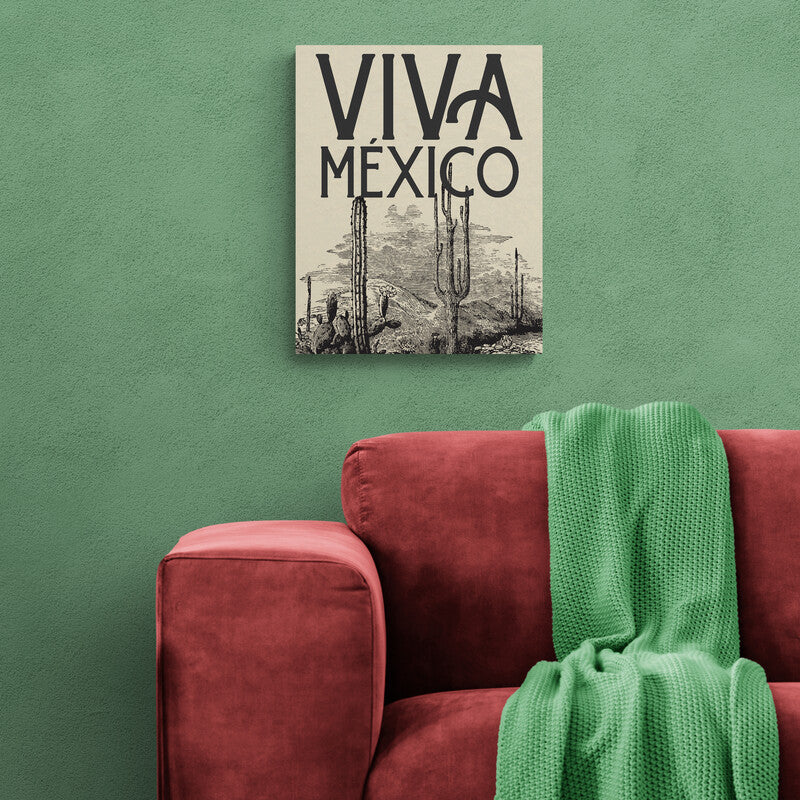 Cuadro decorativo con 'VIVA MÉXICO' en letras negras sobre fondo cafe-crema, adornado con bosquejos de cactus nopales en negro en la parte inferior