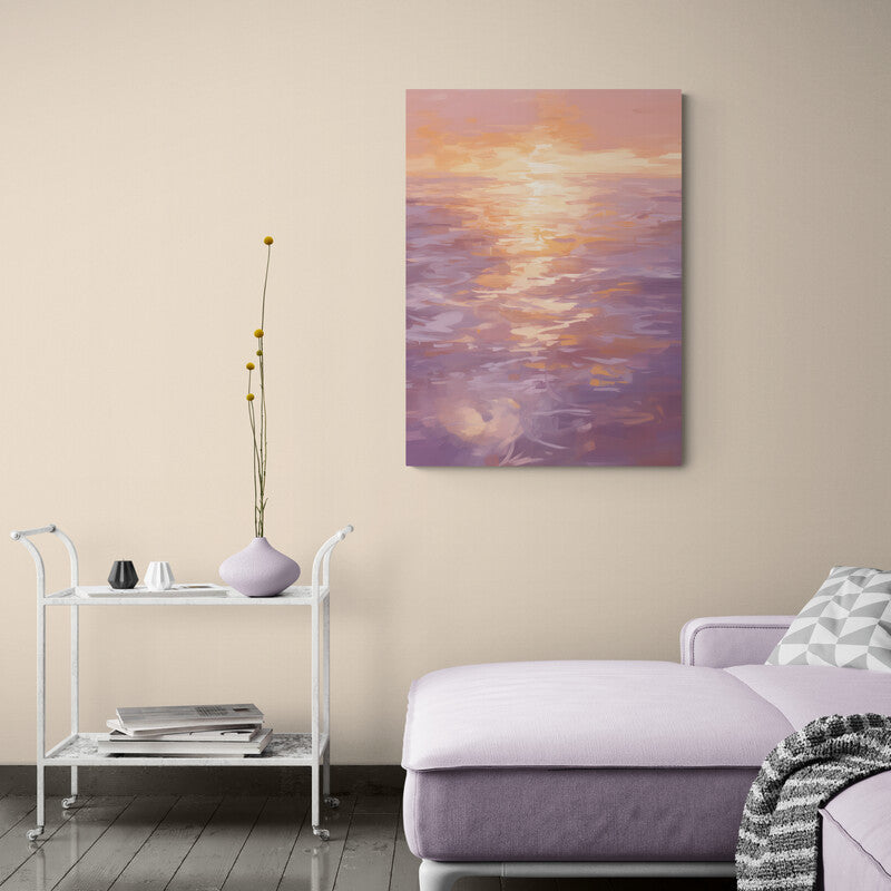Pintura de un atardecer reflejado en el agua con tonos rosas y morados