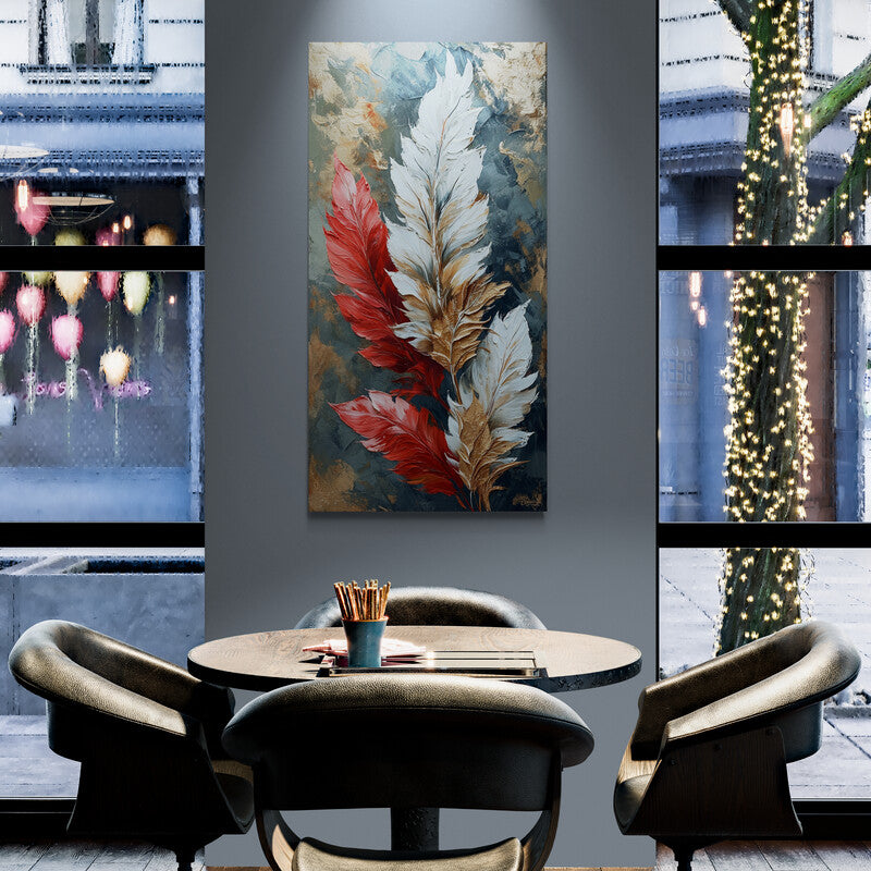 Pintura decorativa de plumas en tonos otoñales con texturas ricas colgada en la pared de un espacio moderno
