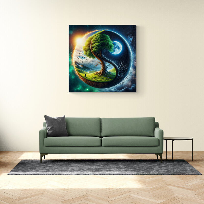 Árbol de la vida en espiral con fondo de cielo estrellado y luna llena en cuadro decorativo