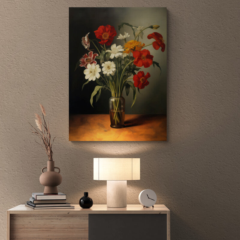 Pintura realista de un arreglo floral colorido en un jarrón transparente sobre una mesa.