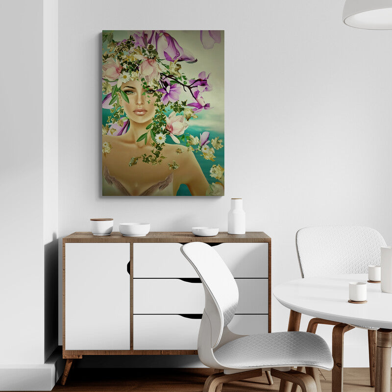 Arte digital de retrato femenino con corona de flores en un fondo de primavera