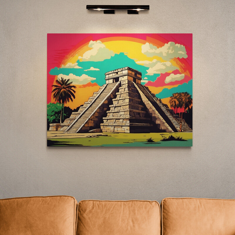 Ilustración colorida de la pirámide de Chichén Itzá al atardecer con cielo estilizado y palmeras