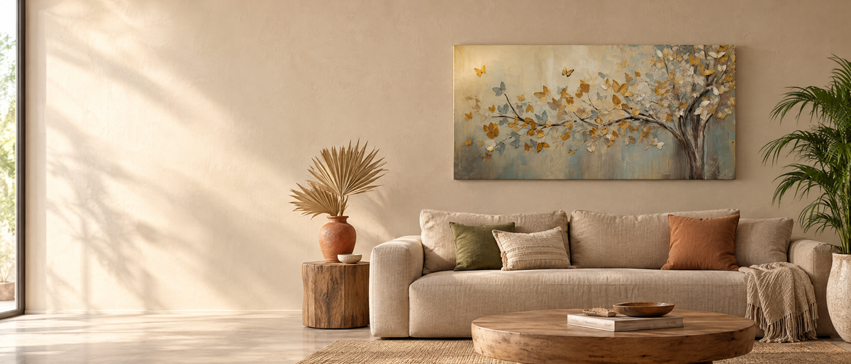 Sala moderna con cuadro en lienzo de árbol con mariposas doradas sobre el sillón