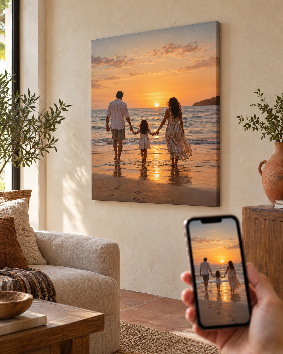 Cuadro en lienzo con una foto familiar en la playa y la misma foto en un celular