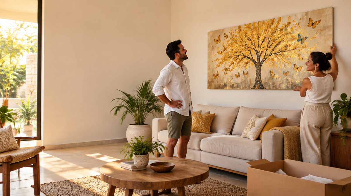 Pareja colgando su cuadro en lienzo de Canvas Mérida en la sala