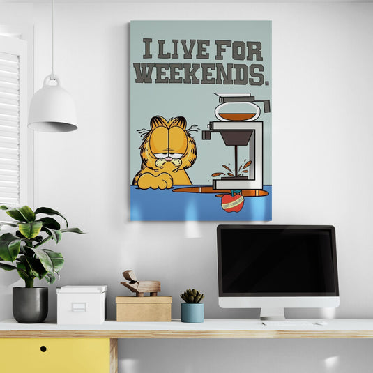 Cartel de Garfield con frase sobre fines de semana y cafetera