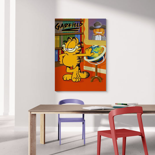 Garfield girando un globo terráqueo en cartel decorativo