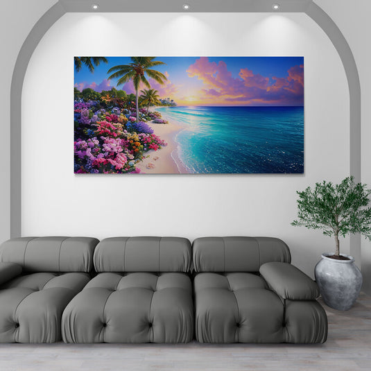 Paisaje tropical con océano turquesa, cielo colorido al atardecer y flores vibrantes en la playa