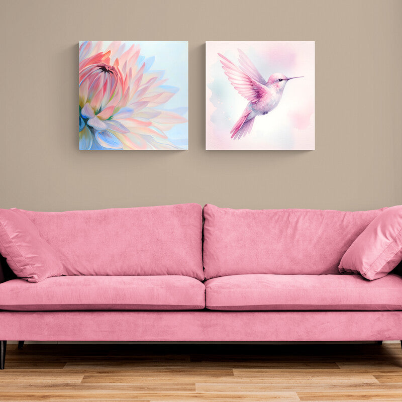 Conjunto de cuadros decorativos con flor y colibrí en estilo acuarela pastel