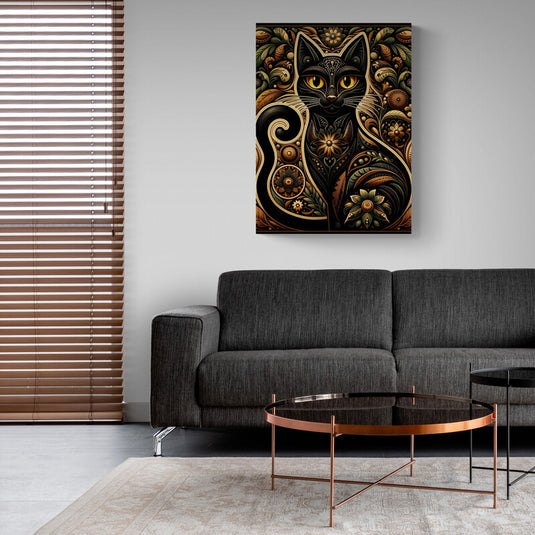 Arte decorativo de gato estilizado con detalles ornamentales y dorados en estilo Art Nouveau