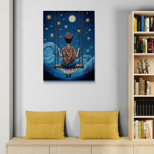 Frida en columpio bajo la luna y las estrellas