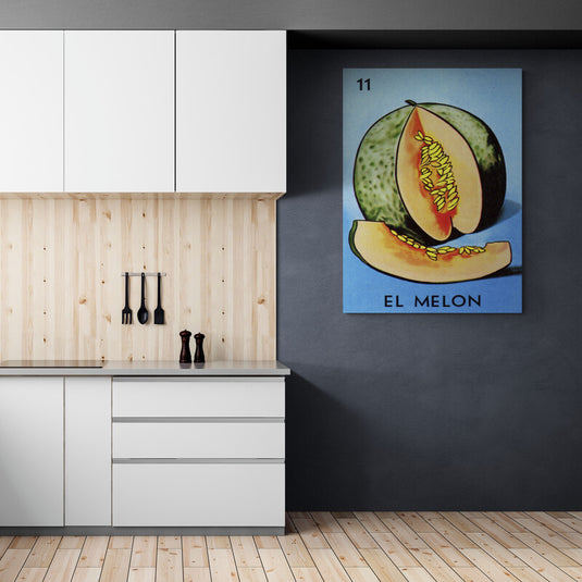 Cuadro decorativo de la carta del melón de la lotería mexicana - imagen de melón cortado con semillas simétricas en fondo neutro