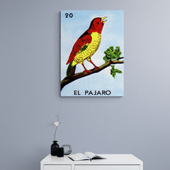 Pájaro colorido en rama, carta Lotería Mexicana, amarillo, rojo, verde, fondo azul cielo