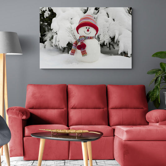 Cuadro_Decorativo_Muñeco_Nieve_Sonriente_Pino_Nevado_Ambiente_Nevado_Sombrero_Bufanda_Rojos