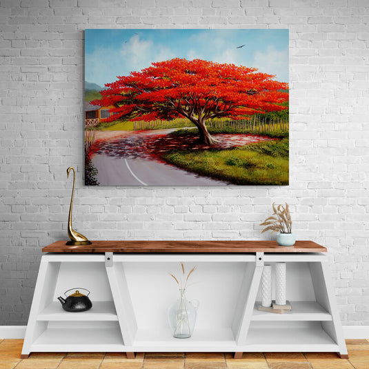 Cuadro_Decorativo_Flamboyan_Hojas_Rojas_Carretera_Cesped_Cielo_Azul