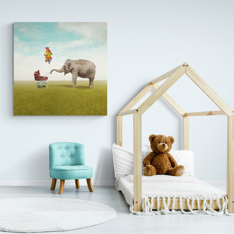 Cuadro decorativo infantil: Carriola con globos y elefante juguetón para decoración de habitaciones infantiles