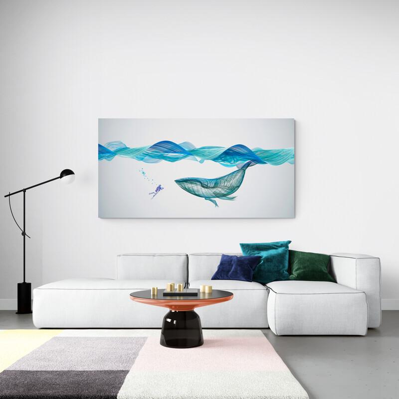 Arte abstracto de ballena y buzo con líneas fluidas en tonalidades de azul sobre fondo blanco