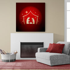 Representación artística de la escena de la Natividad con siluetas en un fondo rojo con estrellas brillantes.