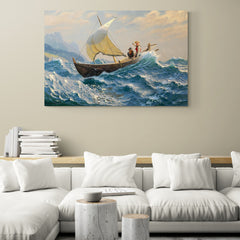 Pintura de dos personas navegando en un barco a vela entre olas agitadas