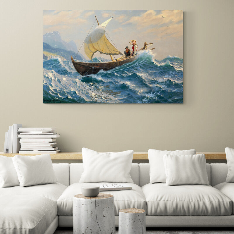 Pintura de dos personas navegando en un barco a vela entre olas agitadas