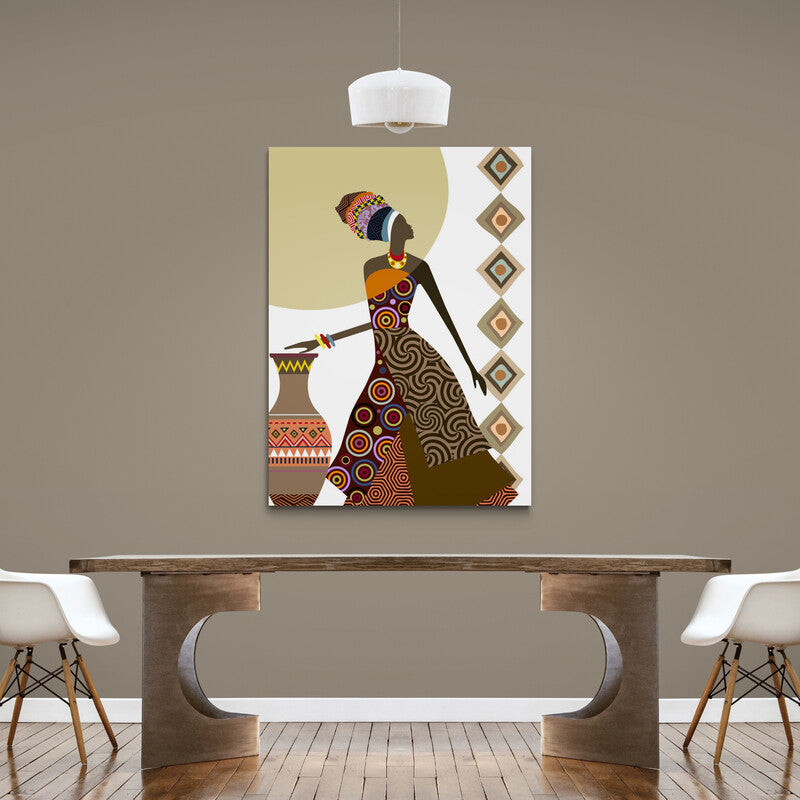 Ilustración de mujer africana con patrones tradicionales y accesorios
