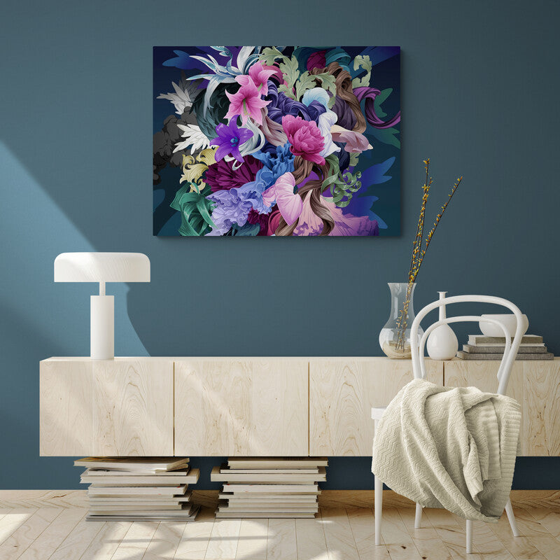 Pintura digital de flores estilizadas en colores vibrantes sobre fondo oscuro