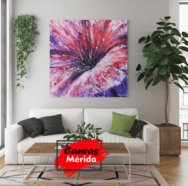 Pintura abstracta con explosión de rojo y violeta en técnica de salpicado