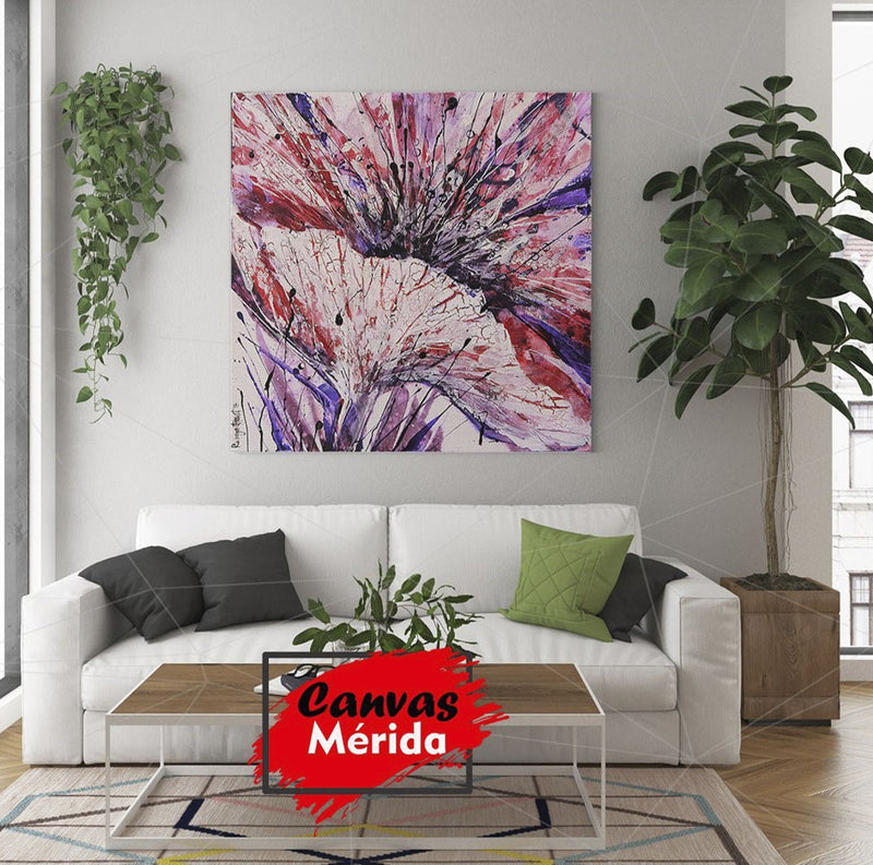 Pintura abstracta inspirada en coral con salpicaduras en rosa y púrpura