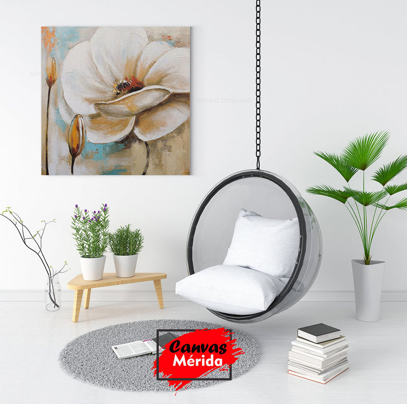 Pintura al óleo de una magnolia blanca con textura suave y colores cálidos