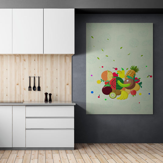 Cuadro decorativo estilo pop con fondo verde pastel y variedad de frutas destacadas: piña, sandía, kiwi, naranja, coco, plátano y manzana