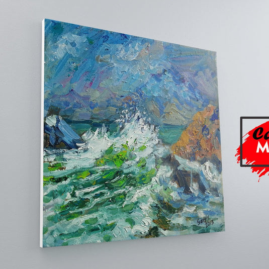 Pintura al óleo expresionista de un mar agitado