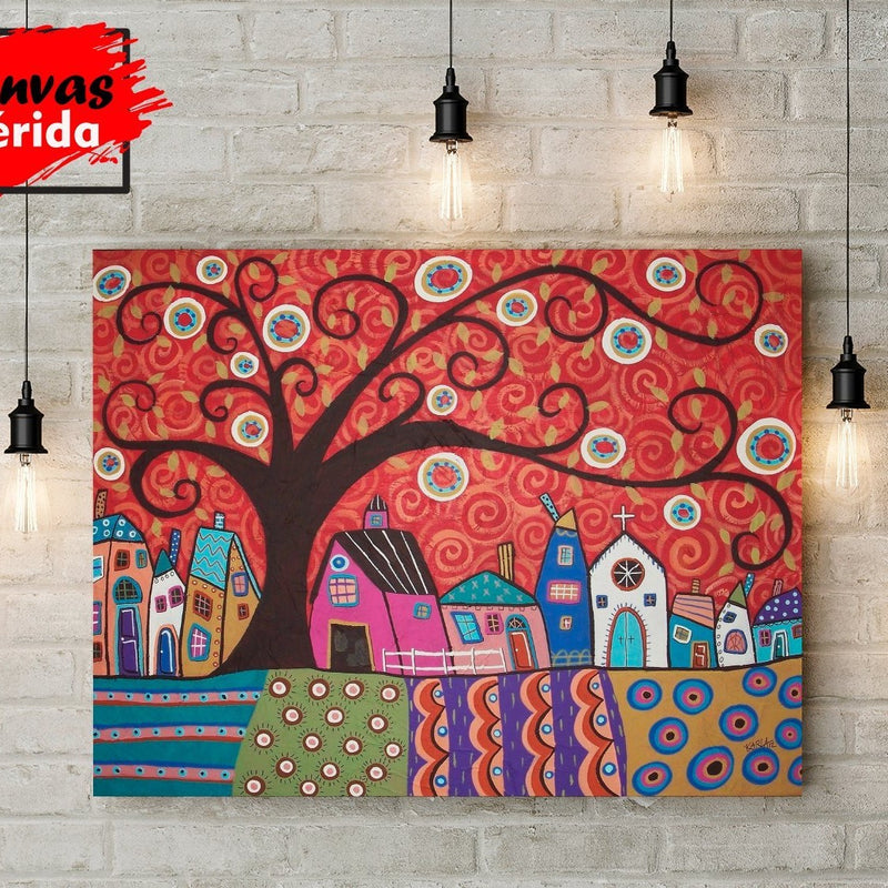 Cuadro decorativo de Karla Gerard con árbol café, fondor rojo y vibrantes círculos de colores entre las ramas
