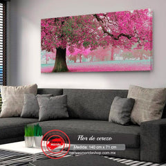 Cuadro decorativo de árboles de flor del cerezo en tonos rosas y verde con grandes árboles