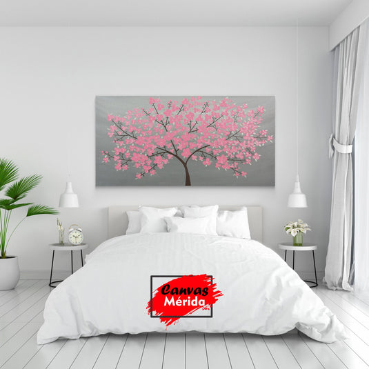 Cuadro decorativo de un árbol de cerezo en flor: belleza rosa sobre fondo gris