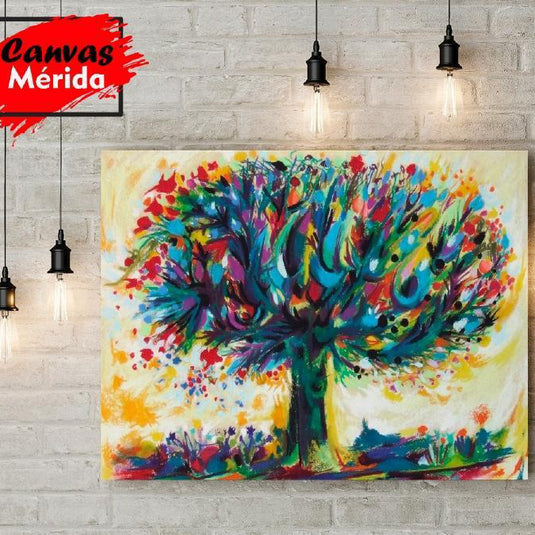 Cuadro decorativo de árbol con colores verde, azul, amarillo, morado, rojo y naranja sobre fondo amarillo y blanco