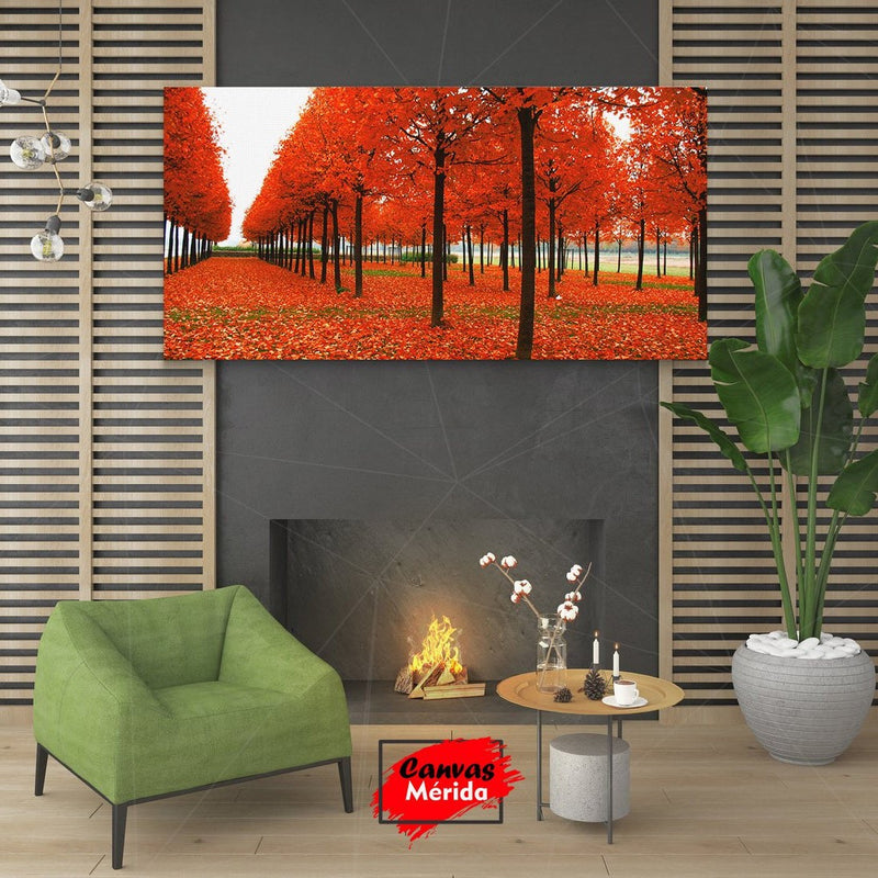Bosque otoñal con árboles de troncos delgados y hojas rojas dispersas en el suelo