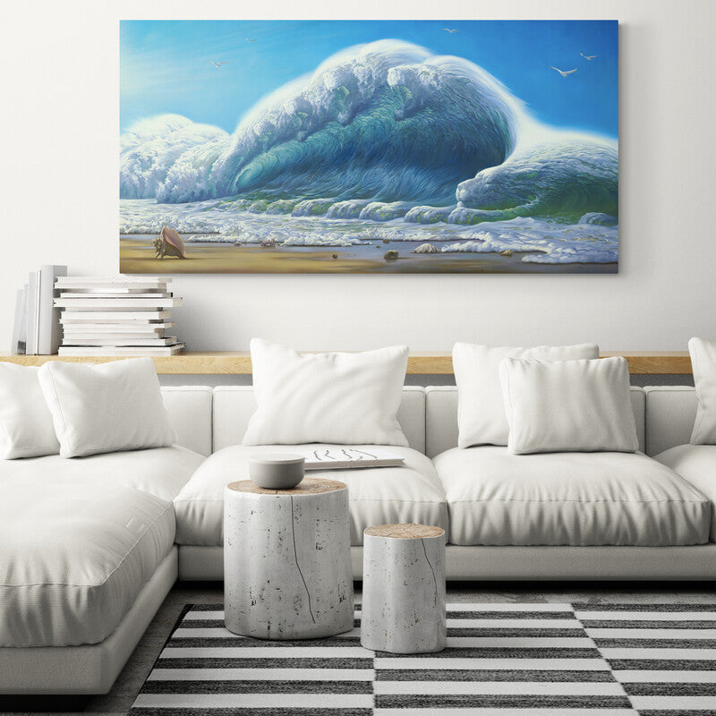 Pintura de una ola masiva a punto de romper en la playa