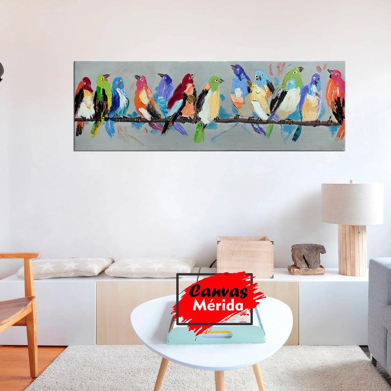 Cuadro decorativo: Rama con Pájaros en Colores Vibrantes sobre Fondo Gris Claro