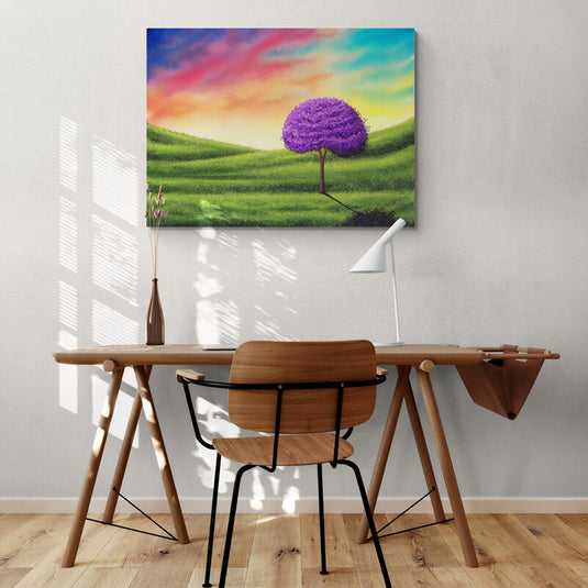 Cuadro de paisaje mágico con árbol morado y cielo multicolor, arte vibrante y onírico para decoración inspiradora.









