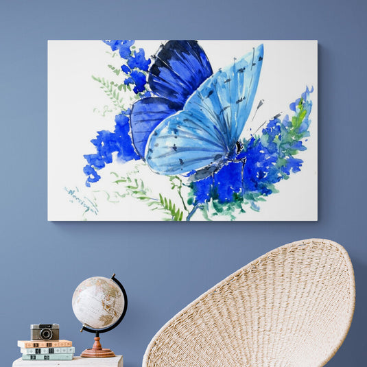 Lienzo de mariposa azul en flores pintadas en acuarela