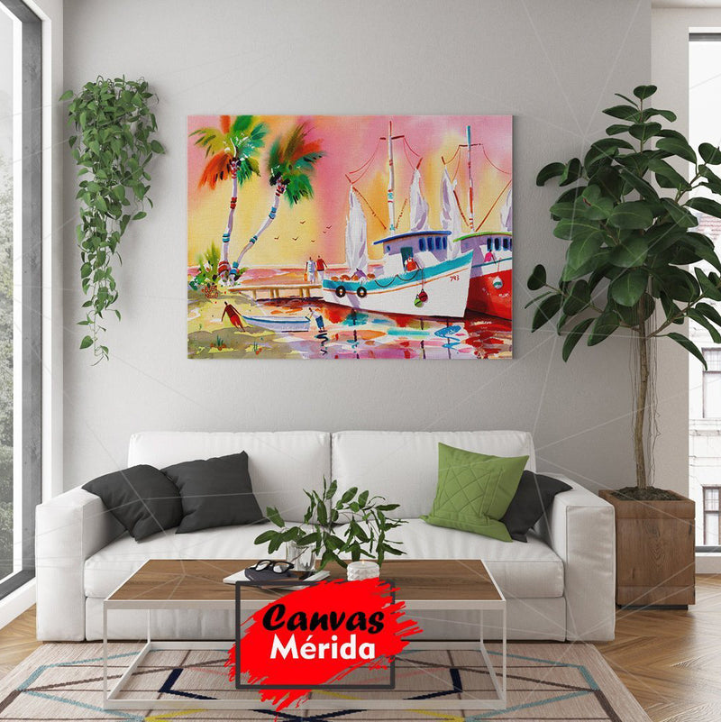 Pintura colorida de un puerto pesquero con barcos y palmeras al atardecer