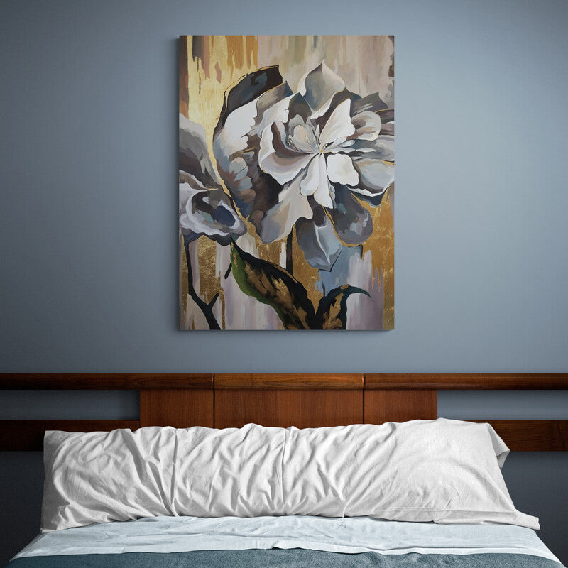 Pintura contemporánea de magnolia en tonos metálicos y dorados