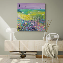 Pintura colorida de un campo con ovejas y flores silvestres