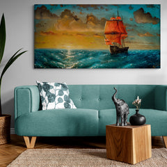Pintura de un velero con velas rojas al atardecer en un mar turquesa