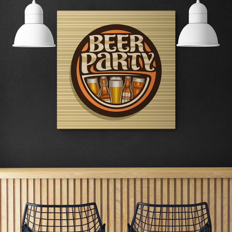 Ilustración de emblema 'Beer Party' con variedad de cervezas