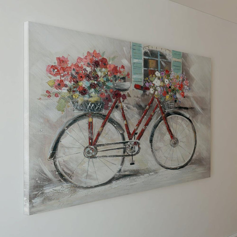 Pintura impresionista de bicicleta roja con canastas de flores coloridas en estilo vintage