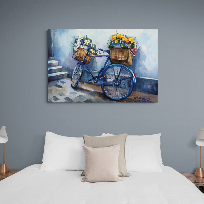 Pintura acuarela de una bicicleta azul con cestas de flores coloridas