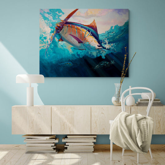 Pintura de un marlin saltando con colores vibrantes en aguas azules turbulentas